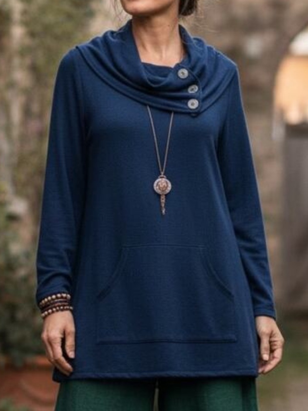 Soft Surroundings Navy Blue Cowlneck Pullover with Buttons